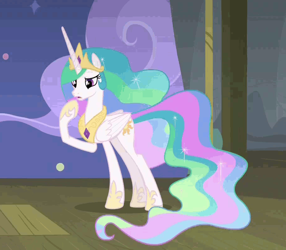 Size: 912x799 | Tagged: safe, screencap, character:princess celestia, species:alicorn, species:pony, episode:horse play, g4, my little pony: friendship is magic, animated, blinking, cropped, cute, cutelestia, ethereal mane, eyes closed, female, frown, grin, mare, open mouth, raised eyebrow, raised hoof, raised leg, sillestia, silly, smiling, solo, stage, talking, thinking, wide eyes