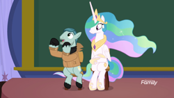 Size: 1920x1080 | Tagged: safe, screencap, character:on stage, character:princess celestia, species:alicorn, species:earth pony, species:pony, episode:horse play, g4, my little pony: friendship is magic, discovery family logo, duo, ethereal mane, female, male, mare, sitting, stallion, stool