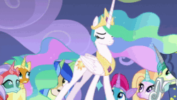 Size: 1280x720 | Tagged: safe, screencap, character:fluttershy, character:gallus, character:ocellus, character:princess celestia, character:sandbar, character:silverstream, character:smolder, character:spike, character:twilight sparkle, character:twilight sparkle (alicorn), character:yona, species:alicorn, species:bird, species:changeling, species:classical hippogriff, species:dragon, species:earth pony, species:griffon, species:hippogriff, species:pegasus, species:pony, species:reformed changeling, species:yak, episode:horse play, g4, my little pony: friendship is magic, animated, clothing, costume, fake beard, fake ears, fake horn, forest, majestic as fuck, raised hoof, rehearsal, school of friendship, sound, stage, star swirl the bearded costume, student six, theater, traditional royal canterlot voice, webm, wig