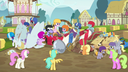 Size: 1280x720 | Tagged: safe, screencap, character:applejack, character:crackle pop, character:daisy, character:derpy hooves, character:diamond tiara, character:rainbow dash, character:rarity, character:snips, character:sugar stix, character:sunshower raindrops, character:tender brush, character:train tracks, character:twinkleshine, species:pony, episode:the cart before the ponies, g4, my little pony: friendship is magic, applewood derby, calypso, cart, crimson skate, debris, female, helmet, male, mare, randolph, snips' dad, stallion, swanlestia cart, wreckage