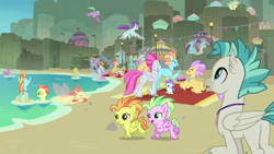 Size: 1280x720 | Tagged: safe, screencap, character:laguna, character:sunspray, character:terramar, species:classical hippogriff, species:hippogriff, species:seapony (g4), episode:surf and/or turf, g4, my little pony: friendship is magic, animation error, background hippogriff, background sea pony, cake, coexist, fledgeling, food, mount aris, picnic, unnamed hippogriff, unnamed seapony