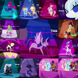Size: 1920x1920 | Tagged: safe, screencap, character:capper dapperpaws, character:captain celaeno, character:fluttershy, character:grubber, character:pinkie pie, character:princess skystar, character:queen novo, character:rarity, character:songbird serenade, character:spike, character:storm king, character:tempest shadow, character:twilight sparkle, character:twilight sparkle (alicorn), species:abyssinian, species:alicorn, species:anthro, species:classical hippogriff, species:earth pony, species:hippogriff, species:pegasus, species:pony, species:unicorn, my little pony: the movie (2017), anthro with ponies, bow, clothing, cowboy hat, dancing, do the sparkle, end credits, female, hair bow, hat, lasso, male, mare, pointy ponies, rope