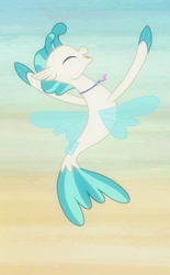 Size: 462x746 | Tagged: safe, screencap, character:terramar, species:seapony (g4), episode:surf and/or turf, g4, my little pony: friendship is magic, season 8, cropped, eyes closed, fins, happy, leaping, male, open mouth, smiling, solo, tail, terrabetes