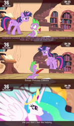 Size: 854x1440 | Tagged: safe, screencap, character:princess celestia, character:spike, character:twilight sparkle, character:twilight sparkle (alicorn), species:alicorn, species:dragon, species:pony, episode:inspiration manifestation, g4, my little pony: friendship is magic, cinemare sins, female, golden oaks library, male, mare, messy mane, spread wings, trollestia, wings