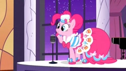 Size: 1280x720 | Tagged: safe, screencap, character:pinkie pie, species:earth pony, species:pony, episode:the best night ever, g4, my little pony: friendship is magic, clothing, costume, female, grand galloping gala, mare, microphone, night, pony pokey, solo, stars