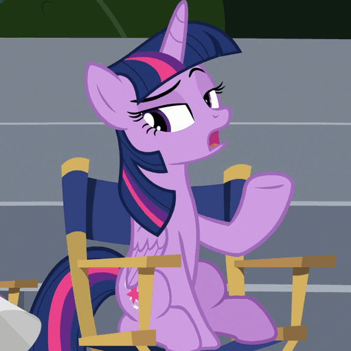 Size: 511x511 | Tagged: safe, screencap, character:twilight sparkle, character:twilight sparkle (alicorn), species:alicorn, species:pony, episode:horse play, g4, my little pony: friendship is magic, animated, chair, coughing, cropped, cute, director's chair, dreamworks face, eyes closed, female, folded wings, happy, lidded eyes, mare, megaphone, open mouth, raised eyebrow, sitting, smiling, smug, smuglight sparkle, solo focus, twiabetes