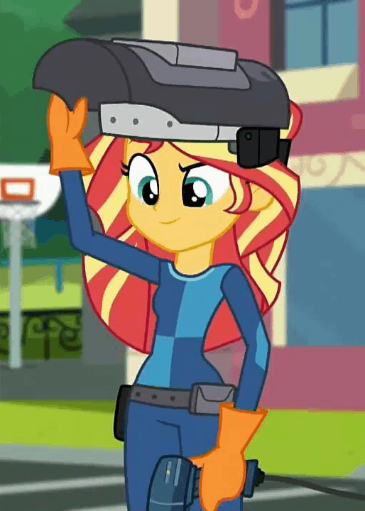 Size: 514x720 | Tagged: safe, screencap, character:sunset shimmer, episode:get the show on the road, eqg summertime shorts, g4, my little pony:equestria girls, animated, blowtorch, cropped, female, gif, mechanic, solo, sunset welder, welding mask