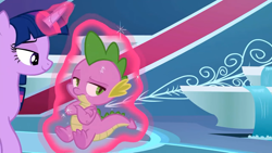 Size: 1280x720 | Tagged: safe, screencap, character:spike, character:twilight sparkle, character:twilight sparkle (alicorn), species:alicorn, species:dragon, species:pony, episode:horse play, g4, my little pony: friendship is magic, claws, crossed arms, displeased, female, glowing horn, horn, levitation, magic, male, smiling, telekinesis
