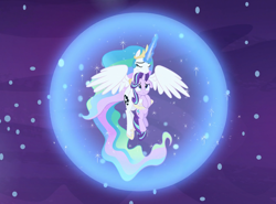 Size: 1366x1010 | Tagged: safe, screencap, character:princess celestia, character:starlight glimmer, species:pony, episode:a royal problem, g4, my little pony: friendship is magic, cropped, dream, eyes closed, flying, glowing horn, holding a pony, hug, magic, night, protecting, shield, sky, swapped cutie marks