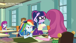 Size: 1380x776 | Tagged: safe, screencap, character:cheerilee, character:mystery mint, character:rainbow dash, character:twilight sparkle, character:twilight sparkle (scitwi), species:eqg human, episode:the last day of school, g4, my little pony:equestria girls, book, canterlot high, crossed arms, desk, geode of super speed, geode of telekinesis, lidded eyes, magical geodes, sunglasses