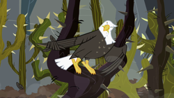 Size: 1280x720 | Tagged: safe, screencap, species:bird, episode:may the best pet win, g4, my little pony: friendship is magic, animal, bald eagle, eagle, eyes closed, ghastly gorge, solo, straining, stuck, tangled up, thorns