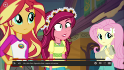 Size: 1366x768 | Tagged: safe, screencap, character:fluttershy, character:gloriosa daisy, character:sunset shimmer, equestria girls:legend of everfree, g4, my little pony:equestria girls, annoyed, butterfly, camp everfree outfits, cookie dough, eye twitch, faec, floral head wreath, flower, jewelry, magical geodes, necklace