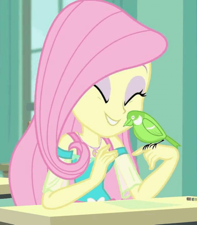 Size: 629x720 | Tagged: safe, screencap, character:fluttershy, species:bird, episode:a little birdie told me, g4, my little pony:equestria girls, animal, animated, classroom, cropped, cute, desk, eyes closed, gif, shyabetes, solo, songbird
