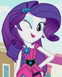 Size: 531x656 | Tagged: safe, screencap, character:rarity, episode:life is a runway, g4, my little pony:equestria girls, cropped, cute, hand on hip, looking at you, one eye closed, raribetes, wink