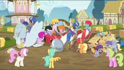 Size: 1360x768 | Tagged: safe, screencap, character:applejack, character:crackle pop, character:derpy hooves, character:diamond tiara, character:rainbow dash, character:rarity, character:snips, episode:the cart before the ponies, g4, my little pony: friendship is magic, car, cart, kart, racers, randolph, snips' dad, swanlestia cart