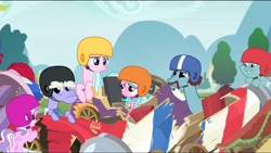 Size: 1360x768 | Tagged: safe, screencap, character:diamond tiara, character:snips, character:sugar stix, character:tender brush, species:pony, episode:the cart before the ponies, g4, my little pony: friendship is magic, background pony, broken, cart, colt, crimson skate, female, filly, helmet, male, mare, randolph, snips' dad, stallion