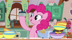 Size: 1280x720 | Tagged: safe, screencap, character:pinkie pie, episode:secrets and pies, g4, my little pony: friendship is magic, blueberry, bowl, curtains, sugarcube corner