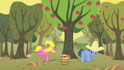 Size: 1280x720 | Tagged: safe, screencap, character:blues, character:cherry berry, character:noteworthy, species:earth pony, species:pony, episode:over a barrel, g4, my little pony: friendship is magic, alternate hairstyle, apple, apple orchard, apple tree, applebucking, background pony, basket, bushel basket, clothing, cowboy hat, duo, eyes closed, female, food, hat, male, mare, stallion, tree