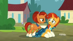 Size: 1920x1080 | Tagged: safe, screencap, character:stellar flare, character:sunburst, species:pony, species:unicorn, episode:the parent map, g4, discovery family logo, duo, female, hoof on shoulder, male, mare, mother and son, stallion