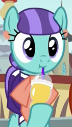 Size: 355x631 | Tagged: safe, screencap, character:mixed berry, species:earth pony, species:pony, episode:the parent map, g4, :t, background pony, clothing, cropped, cute, cuteaberry, drink, drinking, drinking straw, ear piercing, earring, female, jewelry, mare, piercing, smoothie, solo, sucking