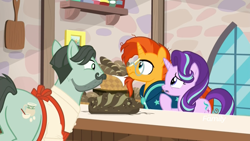 Size: 1920x1080 | Tagged: safe, screencap, character:cracked wheat, character:starlight glimmer, character:sunburst, species:earth pony, species:pony, species:unicorn, episode:the parent map, g4, :s, ancient pony grain bread, apron, baker, bakery, beard, bread, clothing, discovery family logo, facial hair, female, food, male, mare, moustache, sire's hollow, stallion, wavy mouth