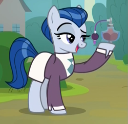 Size: 557x542 | Tagged: safe, screencap, character:ever essence, species:earth pony, species:pony, episode:the parent map, g4, clothing, cropped, dress, essence, female, hoof hold, jacket, mare, open mouth, perfume, raised eyebrow, sire's hollow, smiling, solo