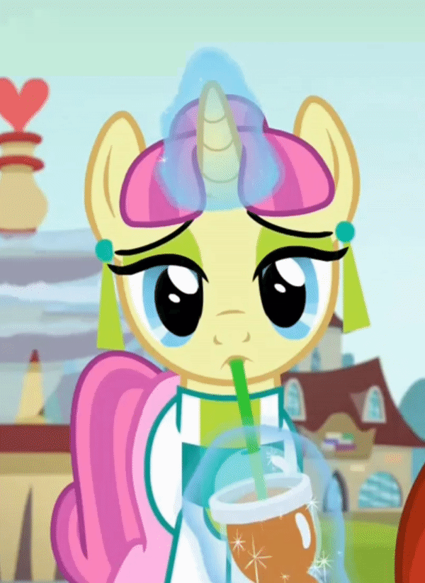 Size: 600x823 | Tagged: safe, screencap, character:carbon fizz, species:pony, species:unicorn, episode:the parent map, g4, animated, clothing, cropped, cute, drinking, drinking straw, female, fountain, levitation, magic, mare, shirt, sire's hollow, smoothie, solo, telekinesis