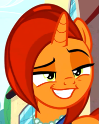 Size: 425x535 | Tagged: safe, screencap, character:stellar flare, species:pony, species:unicorn, episode:the parent map, g4, cropped, dreamworks face, faec, female, grin, lidded eyes, mare, raised eyebrow, sire's hollow, smiling, smug, solo