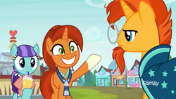 Size: 1366x768 | Tagged: safe, screencap, character:mixed berry, character:stellar flare, character:sunburst, species:pony, episode:the parent map, g4, :t, background pony, clothing, cute, cuteaberry, discovery family logo, female, glasses, male, mother and son, raised hoof, sire's hollow, smoothie, stellarbetes, sunburst is not amused, unamused