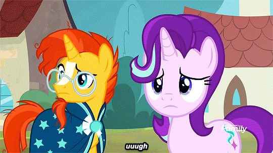 Size: 540x304 | Tagged: safe, screencap, character:starlight glimmer, character:sunburst, episode:the parent map, g4, animated, falling, floppy ears, nose in the air, sire's hollow, subtitles, volumetric mouth