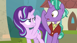 Size: 1920x1080 | Tagged: safe, screencap, character:firelight, character:starlight glimmer, species:pony, species:unicorn, episode:the parent map, g4, duo, father and daughter, female, frown, male, mare, sire's hollow, slap, stallion, surprised
