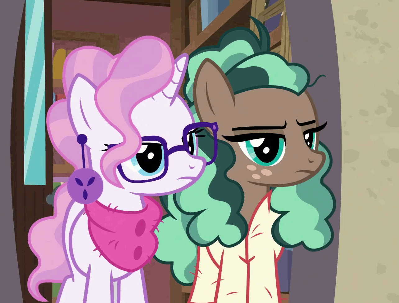 Size: 1285x978 | Tagged: safe, screencap, character:minty mocha, character:raspberry latte, species:earth pony, species:pony, species:unicorn, episode:the parent map, g4, animated, clothing, duo, ear piercing, earring, female, glasses, hoofbump, jewelry, mare, piercing, scarf