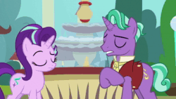 Size: 1280x720 | Tagged: safe, screencap, character:firelight, character:starlight glimmer, episode:the parent map, g4, animated, father and daughter, female, floppy ears, fountain, male, sire's hollow, sound, webm