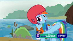 Size: 1280x720 | Tagged: safe, screencap, character:rainbow dash, episode:non-compete clause, g4, my little pony: friendship is magic, discovery family logo, helmet, moss, reeds, river, rock, tree, water