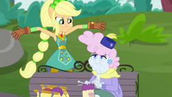 Size: 1280x720 | Tagged: safe, screencap, character:applejack, character:pearly stitch, episode:super squad goals, g4, my little pony:equestria girls, bag, bench, clothing, crystal guardian, female, geode of super strength, gloves, hat, knitting, knitting needles, magical geodes, park, ponied up, ponytail, purse, sitting, yarn