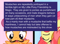 Size: 500x371 | Tagged: safe, screencap, character:apple bloom, character:babs seed, character:scootaloo, species:pegasus, species:pony, episode:one bad apple, g4, my little pony: friendship is magic, meta, moustache, offensive ponies, text