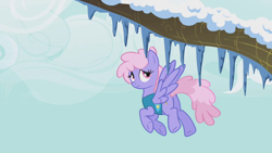 Size: 1280x720 | Tagged: safe, screencap, character:rainbowshine, species:pegasus, species:pony, episode:winter wrap up, g4, my little pony: friendship is magic, background pony, female, flying, icicle, mare, snow, solo, tree branch, weather team, winter wrap up vest
