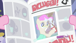 Size: 1920x1080 | Tagged: safe, screencap, character:mayor mare, character:pinkie pie, episode:ponyville confidential, g4, my little pony: friendship is magic, all new, foal free press, hub logo, mane dye, newspaper, non-dyed mayor, shocked, text
