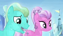Size: 1266x720 | Tagged: safe, screencap, character:bright smile, character:paradise (g4), species:crystal pony, species:pony, episode:equestria games, g4, my little pony: friendship is magic, background pony, duo, female, male, mare, stallion