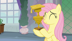 Size: 1920x1080 | Tagged: safe, screencap, character:fluttershy, species:pegasus, species:pony, episode:non-compete clause, episode:teacher of the month, g4, my little pony: friendship is magic, bush, cute, desk, discovery family logo, eyes closed, female, happy, hoof hold, mare, open mouth, shyabetes, smiling, trophy, window