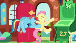 Size: 1280x720 | Tagged: safe, screencap, character:fluttershy, character:rainbow dash, species:pegasus, species:pony, episode:dragon quest, g4, my little pony: friendship is magic, angry, animated, cottage, duo, duo female, female, flapping, fluttershy's cottage, gritted teeth, mare, open mouth, out of context, plot, pushing, season 2, shoving, sound, talking, teeth, volumetric mouth, webm, yes