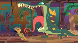 Size: 1280x720 | Tagged: safe, screencap, character:quibble pants, species:earth pony, species:pony, episode:stranger than fanfiction, cipactli, clothing, crocodile, eyes closed, male, monster, open mouth, raised claw, roar, stallion, tongue out, volumetric mouth