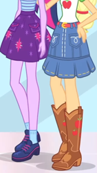 Size: 1242x2208 | Tagged: safe, screencap, character:applejack, character:twilight sparkle, character:twilight sparkle (scitwi), species:eqg human, episode:a fine line, g4, my little pony:equestria girls, apple, belt, boots, clothing, cowboy boots, cropped, cutie mark on clothes, denim skirt, food, hand on hip, legs, pictures of legs, ponytail, shoes, skirt, socks