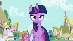 Size: 1280x720 | Tagged: safe, screencap, character:liza doolots, character:pearly stitch, character:petunia, character:ruby pinch, character:tootsie flute, character:twilight sparkle, character:twilight sparkle (alicorn), species:alicorn, species:pony, episode:fame and misfortune, g4, my little pony: friendship is magic, bedroom eyes, looking at you, ponyville