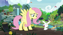 Size: 1920x1080 | Tagged: safe, screencap, character:angel bunny, character:clementine, character:discord, character:fluttershy, species:pegasus, species:pony, species:rabbit, apple, duo focus, eating, female, food, intro, male, mare, spread wings, wings