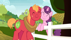 Size: 1600x900 | Tagged: safe, screencap, character:big mcintosh, character:sugar belle, species:earth pony, species:pony, species:unicorn, ship:sugarmac, episode:marks for effort, g4, my little pony: friendship is magic, cute, duo, eyes closed, female, male, mare, nuzzling, shipping, smiling, stallion, straight, sugarbetes