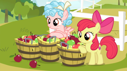 Size: 1600x900 | Tagged: safe, screencap, character:apple bloom, character:cozy glow, episode:marks for effort, g4, my little pony: friendship is magic, apple, female, filly, food