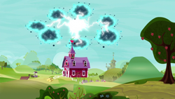 Size: 1280x720 | Tagged: safe, screencap, episode:bloom and gloom, g4, my little pony: friendship is magic, barn, electricity, impending disaster, lightning, swarm, sweet apple acres, twittermite