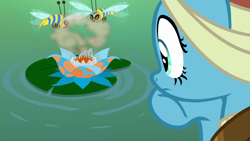 Size: 1280x720 | Tagged: safe, screencap, character:meadowbrook, species:pony, episode:a health of information, g4, my little pony: friendship is magic, bee, female, flash bee, floating, flower, hoof on chin, insect, lily pad, mare, pollen, swamp, swamp fever plant, thinking