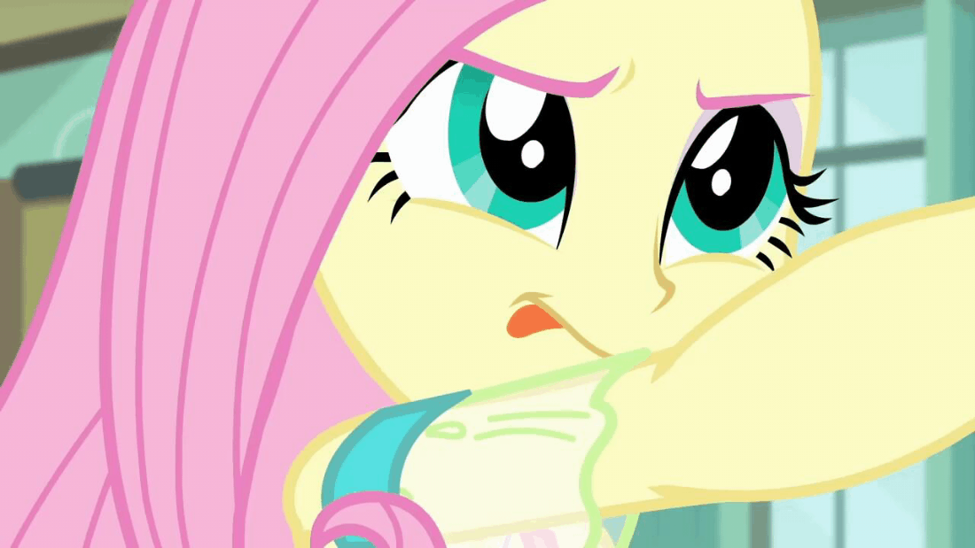 Size: 1100x619 | Tagged: safe, screencap, character:fluttershy, episode:a little birdie told me, g4, my little pony:equestria girls, animated, close-up, clothing, cute, female, gif, shyabetes, solo, tongue out